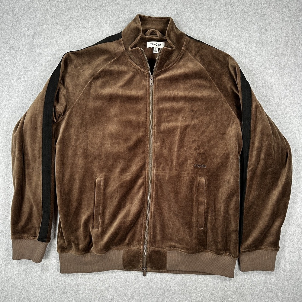 Tenore Jacket Mens Large Brown Velour Full Zip Track Suit Top Black Stripe Retro